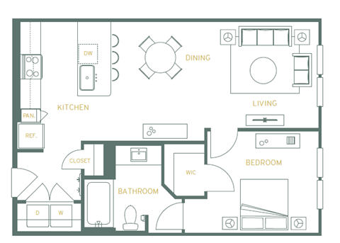 a floor plan of a living room with a bedroom and kitchen